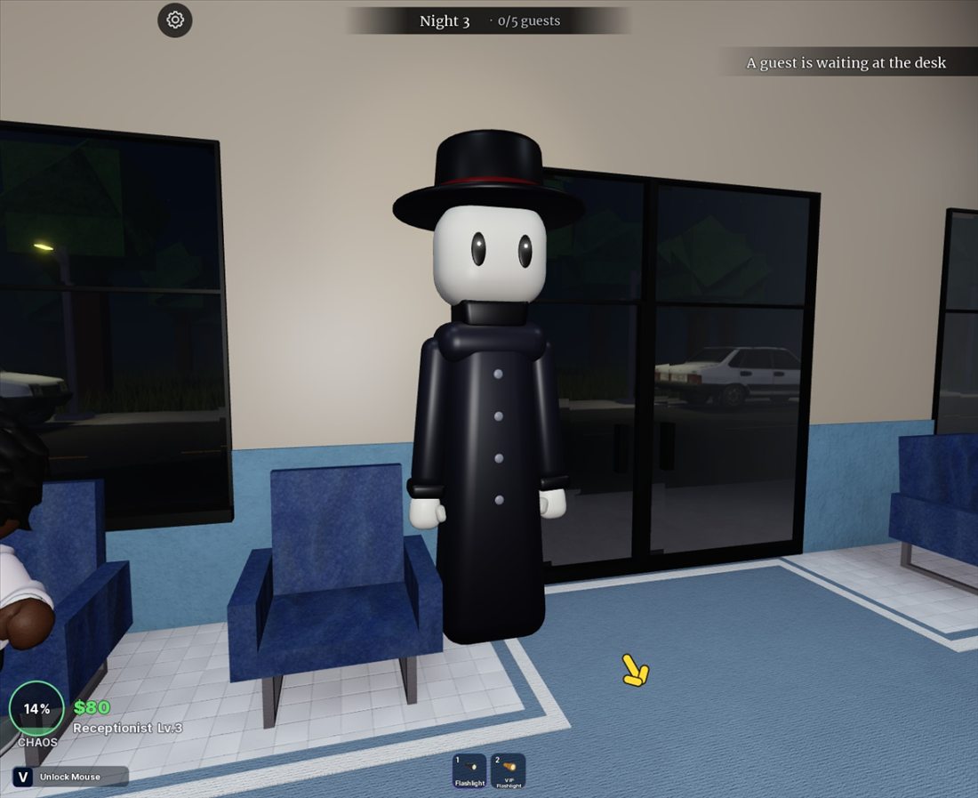 A security camera view of a figure in a black coat and hat standing motionless at the end of a hallway.