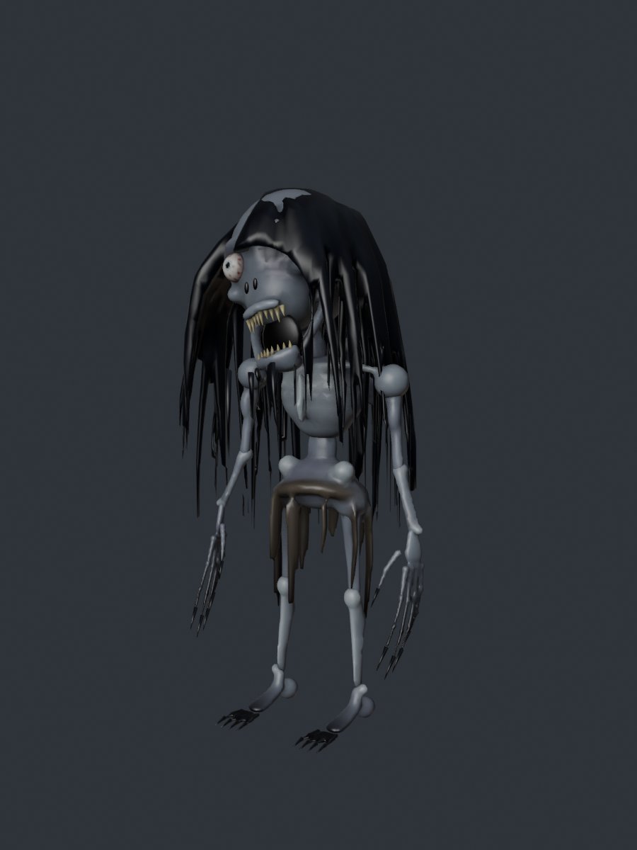 The Bed Crawler: a thin grey creature with long black hair and claws.