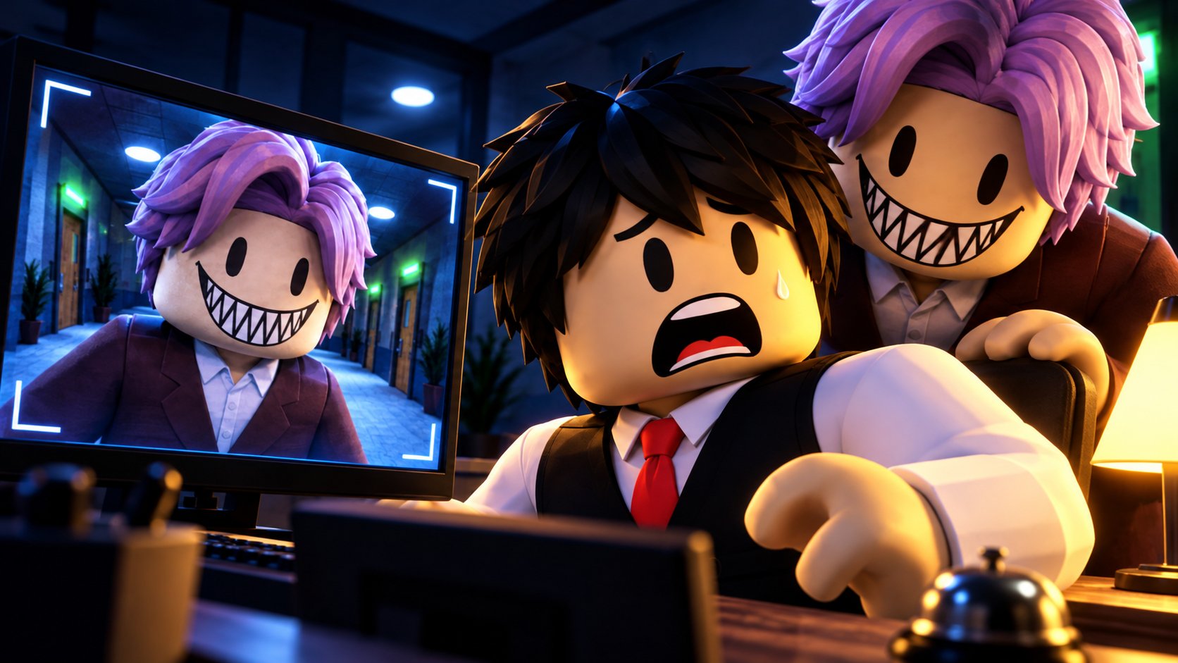 A night clerk at the front desk, terrified, as a smiling guest with purple hair appears on the security monitor and again right behind him.